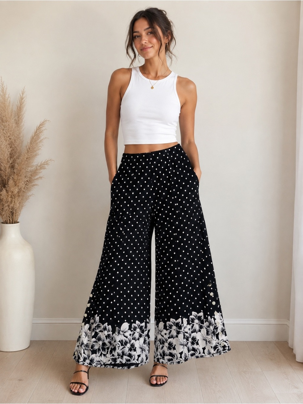 Ett:twa by Anthropologie Wide Leg Cropped‎ Floral Polka Dot Pants Size 4
